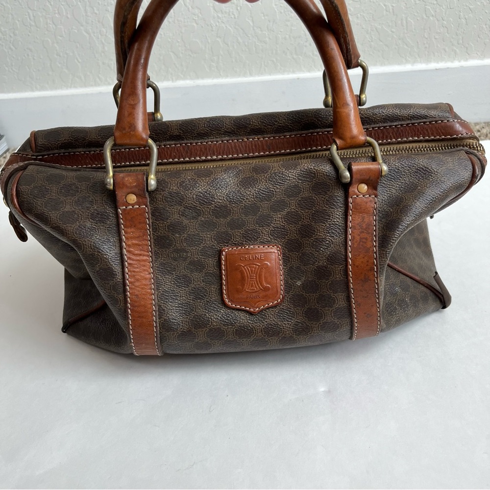 CELINE Macadam Canvas Boston Bag PVC Leather Vintage Purse Handbag - Picture 4 of 16